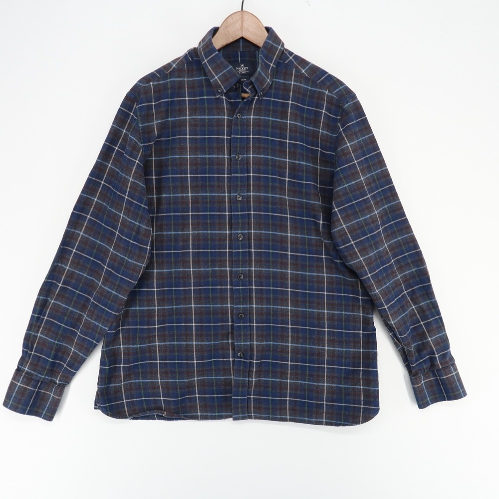 Hackett London Flannel Shirt Mens XL‎ Blue Plaid Cotton Elbow Patches Slim Fit